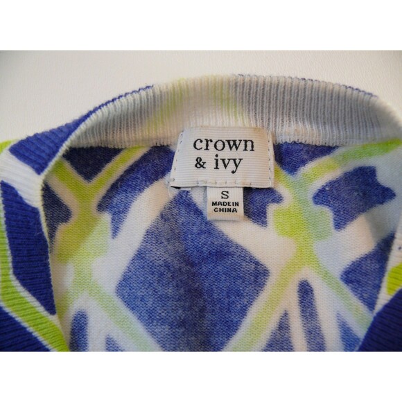 Crown & Ivy Blue Lime Green Geometric Cotton Blend Cardigan Sweater size SMALL - Picture 4 of 6